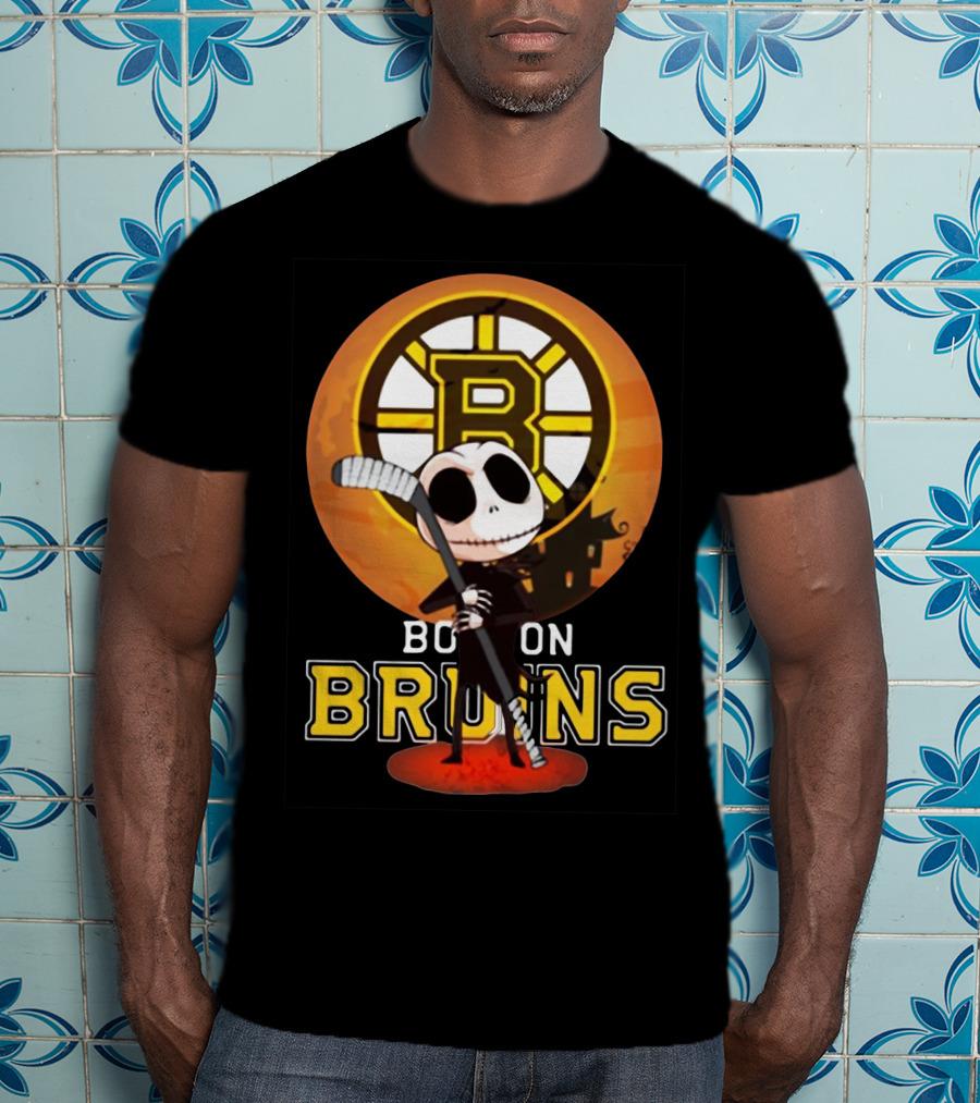 Boston Bruins Jack Skellington Holding Hockey Stick T-Shirt