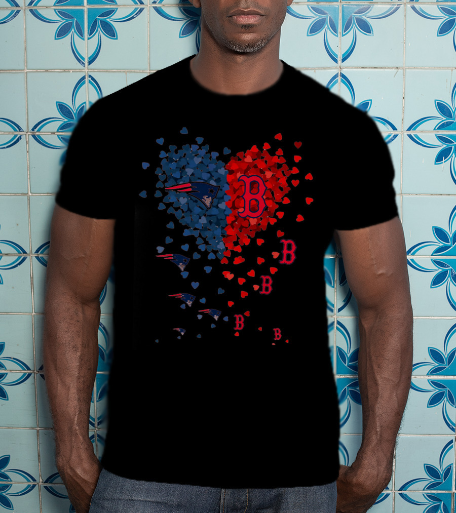 I Love New England Patriots Hearts Boston Red Sox Hearts T-Shirt