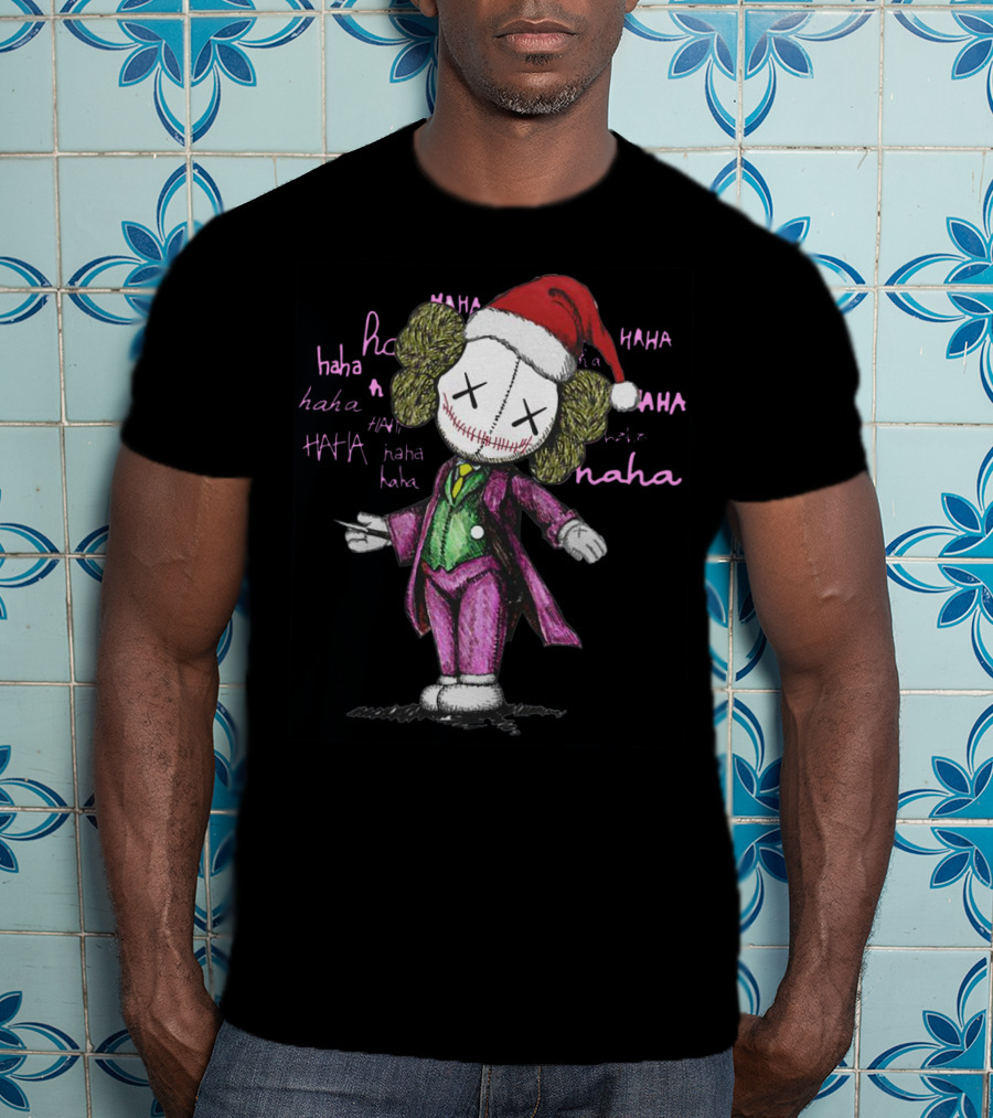 Santa Joker Kaws Haha Clown Character In Festive Hat With Laughing Text T-Shirt