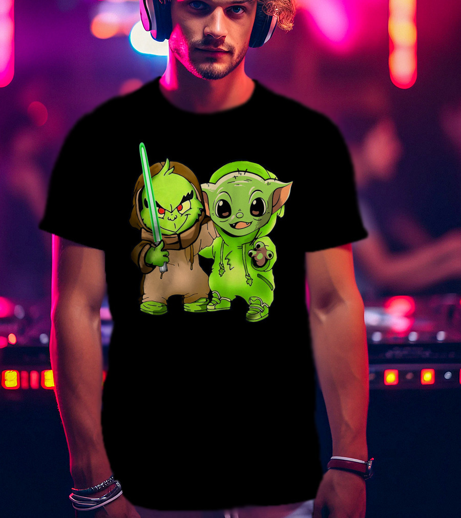 Baby Yoda And Baby Grinch Lightsaber Duo T-Shirt