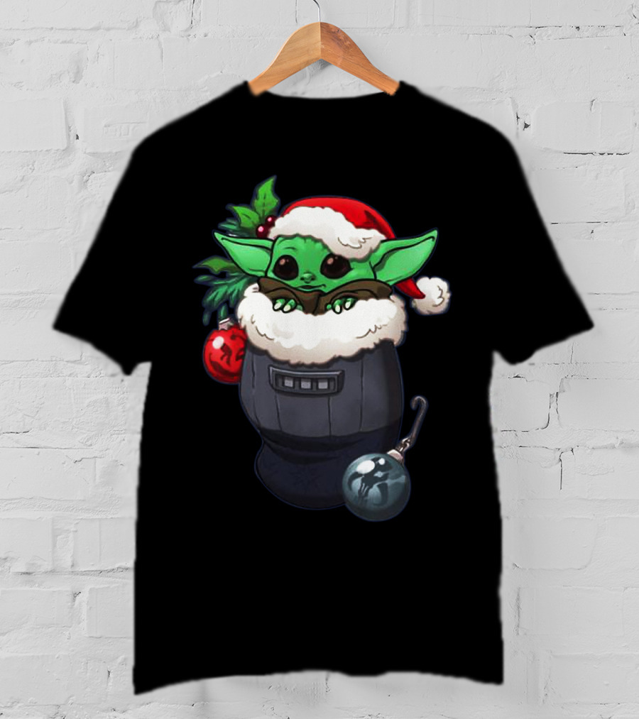Baby Yoda Christmas Santa Hat Stocking With Ornaments T-Shirt