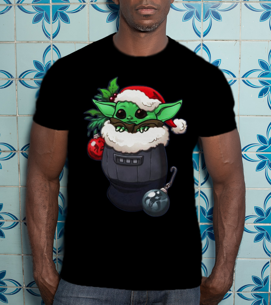 Baby Yoda Christmas Santa Hat Stocking With Ornaments T-Shirt