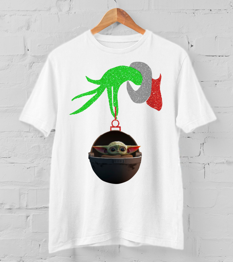 Grinch Hand Glitter Holding Baby Yoda T-Shirt