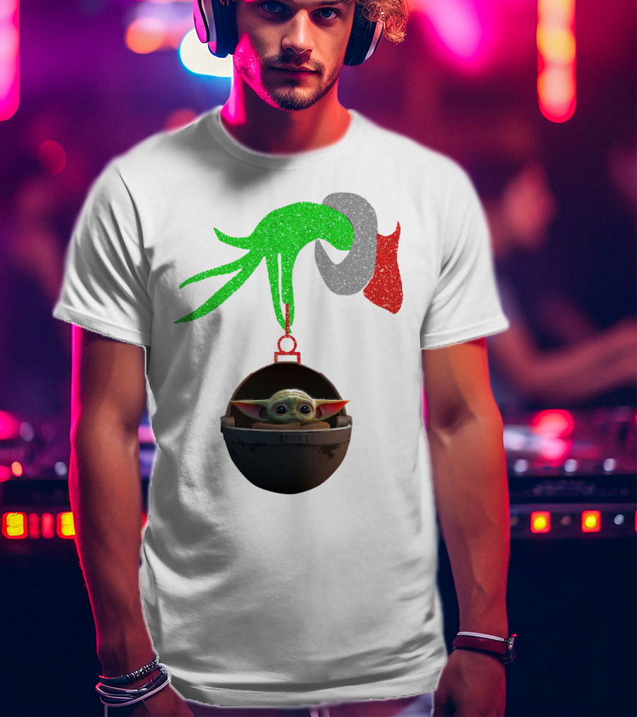 Grinch Hand Glitter Holding Baby Yoda T-Shirt