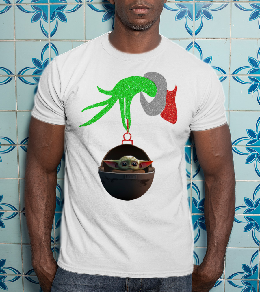 Grinch Hand Glitter Holding Baby Yoda T-Shirt