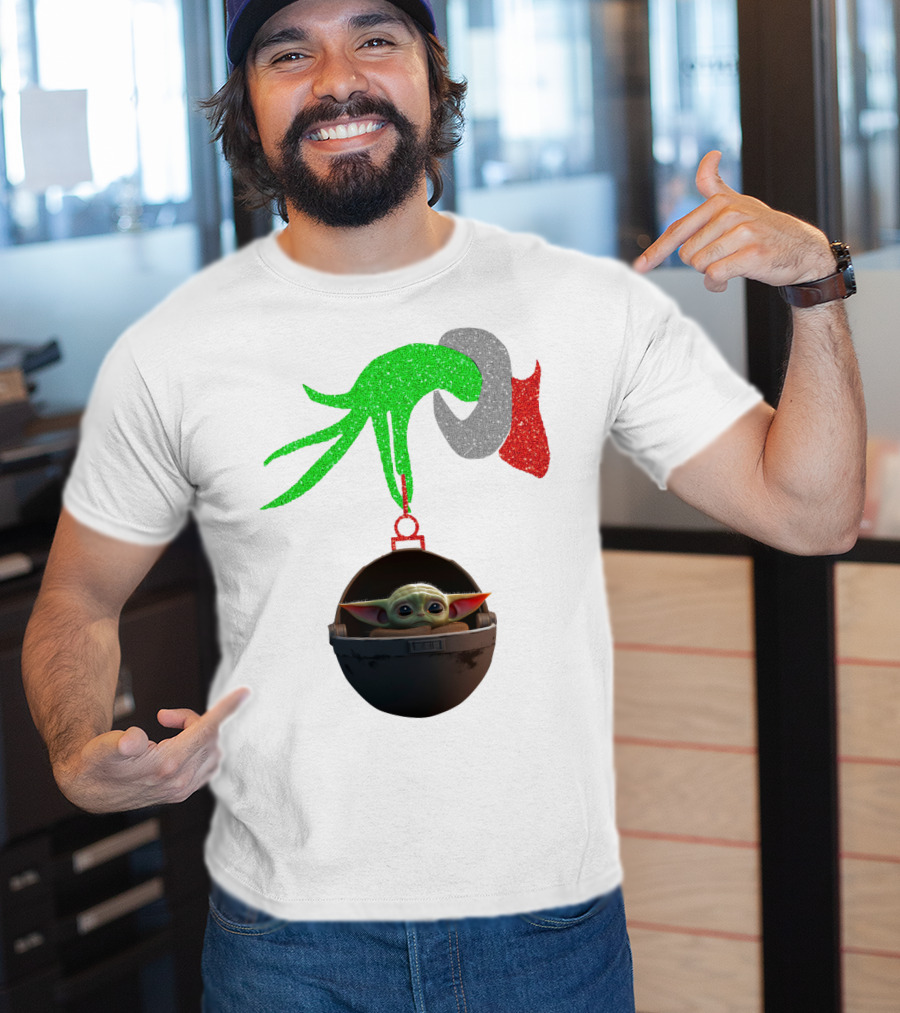 Grinch Hand Glitter Holding Baby Yoda T-Shirt