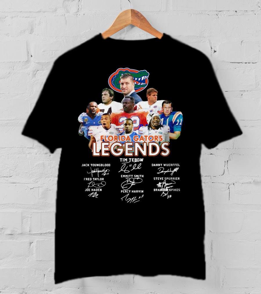 Florida Gators Legends Jack Youngblood Tim Tebow Danny Wuerffel Fred Taylor Emmitt Smith Steve Spurrier Joe Haden Percy Harvin Brandon Spikes T-Shirt