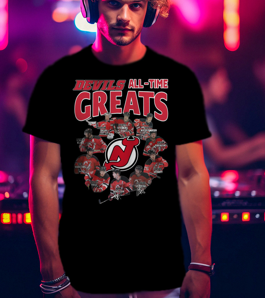 New Jersey Devils All-Time Greats Martin Brodeur Scott Stevens Scott Niedermayer Patrik Elias Ken Daneyko Brian Rafalski Taylor Hall John MacLean Claude Lemieux Jason Arnott T-Shirt