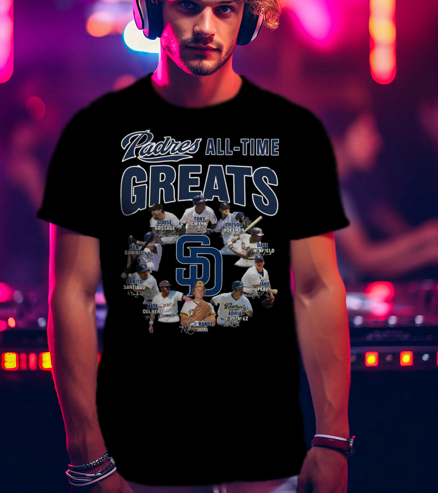 Padres All-Time Greats Goose Gossage Tony Gwynn Trevor Hoffman Dave Winfield Ken Caminiti Benito Santiago Nate Colbert Randy Jones Adrian Gonzalez Jake Peavy T-Shirt