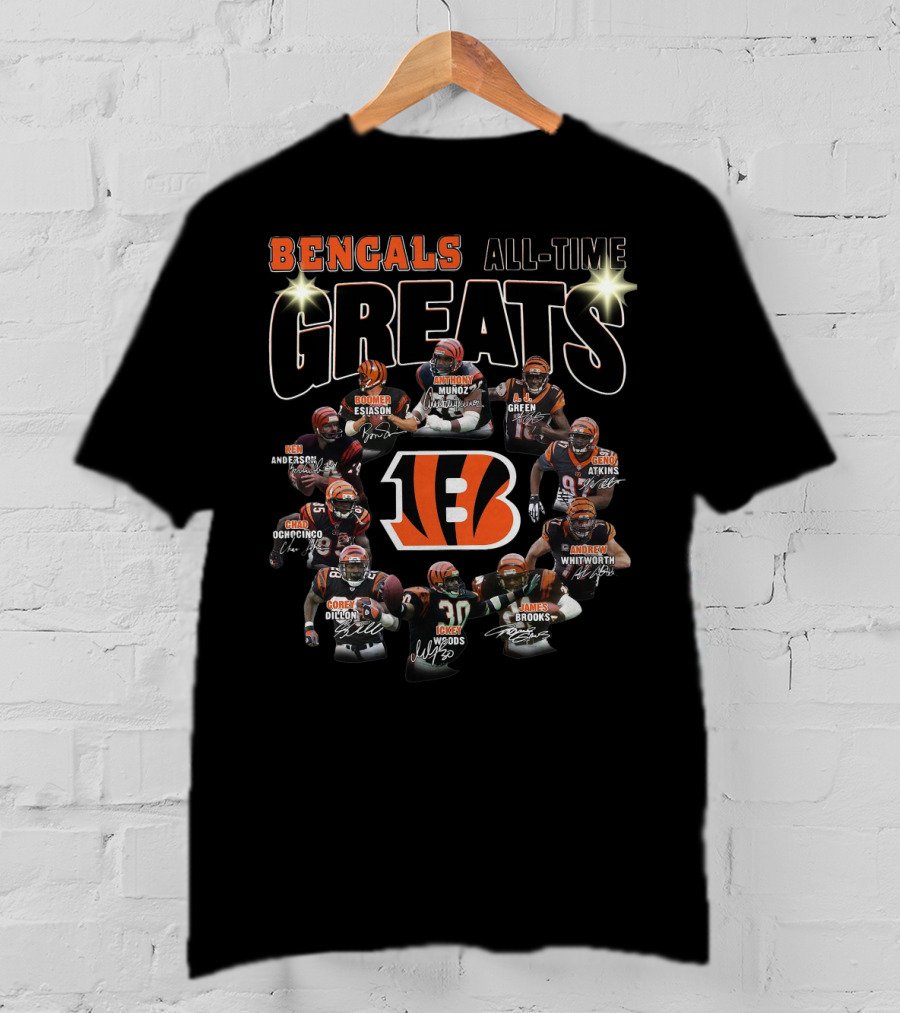 Bengals All-Time Greats Boomer Esiason Anthony Munoz A.j. Green Ken Anderson Chad Ochocinco Geno Atkins Corey Dillon Andrew Whitworth Ickey Woods James Brooks T-Shirt