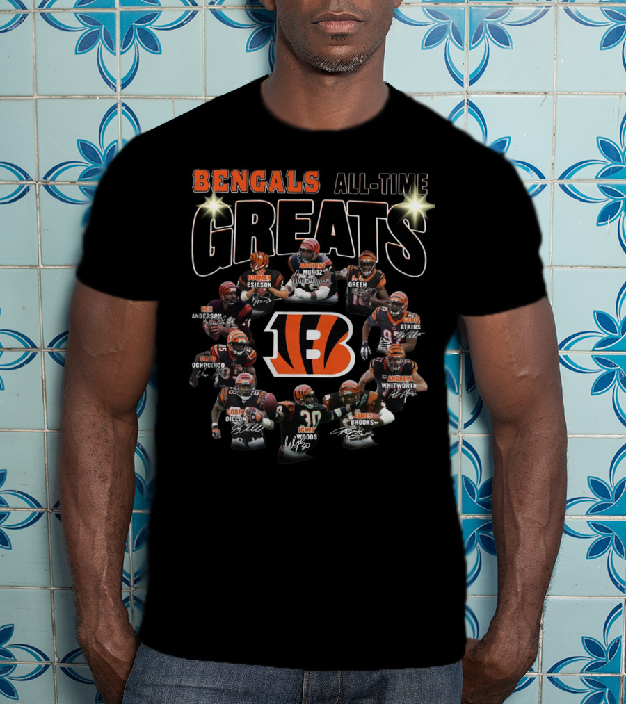 Bengals All-Time Greats Boomer Esiason Anthony Munoz A.j. Green Ken Anderson Chad Ochocinco Geno Atkins Corey Dillon Andrew Whitworth Ickey Woods James Brooks T-Shirt