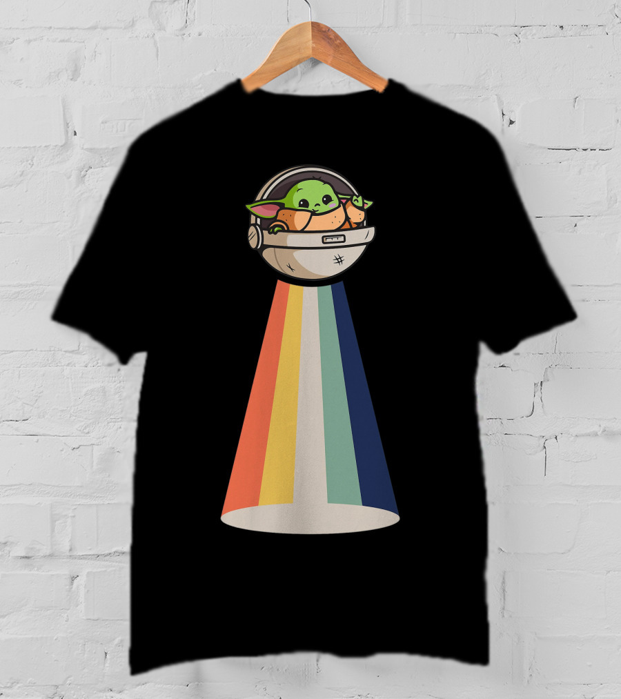 Baby Yoda Spaceship Rainbow Glow T-Shirt
