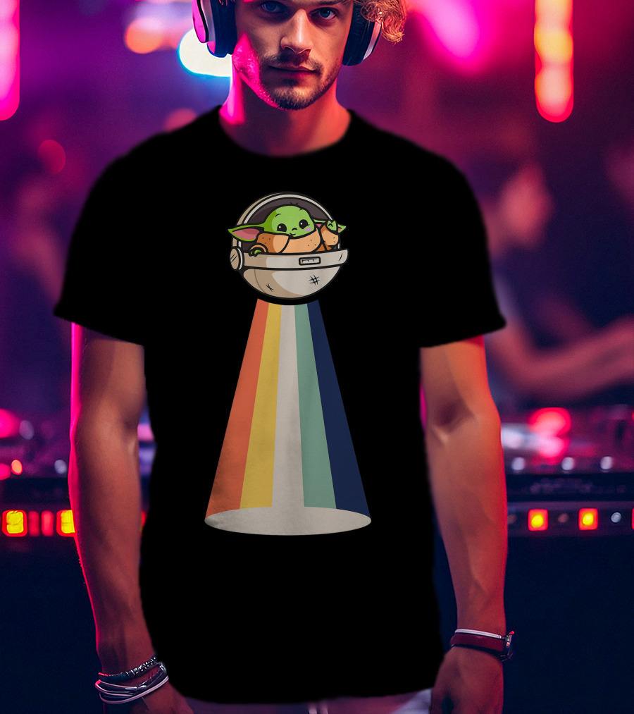 Baby Yoda Spaceship Rainbow Glow T-Shirt
