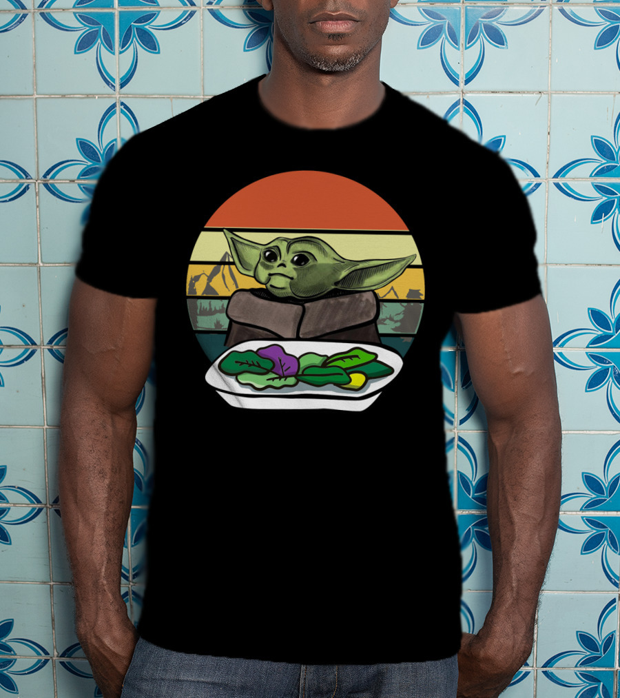 Baby Yoda Yelling At The Table Mountains 70s Sunset Forest T-Shirt