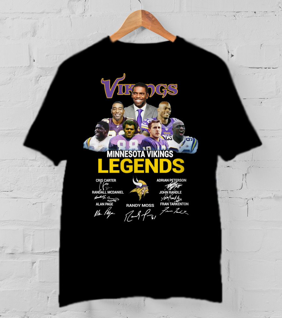 Minnesota Vikings Legends Cris Carter Randy Moss Adrian Peterson John Randle Randall McDaniel Alan Page Fran Tarkenton T-Shirt