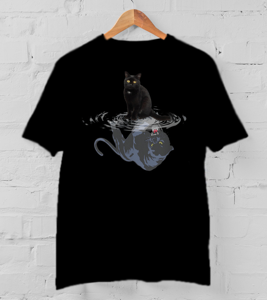 Black Cat Water Reflection Mirror Black Panther Reflection T-Shirt