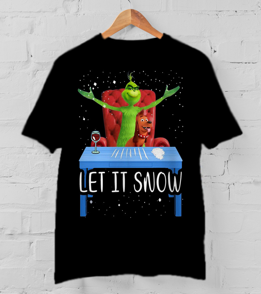 Let It Snow Grinch And Max At Table With Wine And Snowflakes T-Shirt