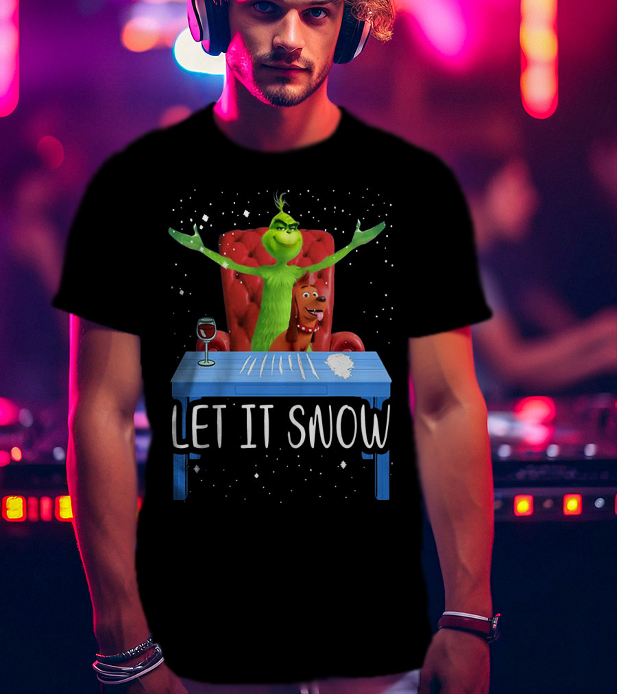 Let It Snow Grinch And Max At Table With Wine And Snowflakes T-Shirt