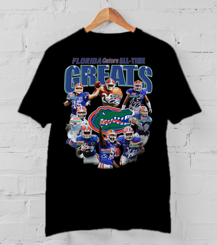 Florida Gators Legendary Greats Tim Tebow Kewan Alumbaugh Joe Haden Jabar Gaffney Braden Spurrier Percy Harvin NFL Signatures T-Shirt
