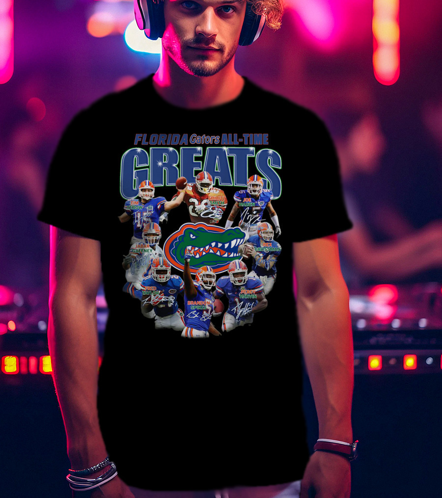 Florida Gators Legendary Greats Tim Tebow Kewan Alumbaugh Joe Haden Jabar Gaffney Braden Spurrier Percy Harvin NFL Signatures T-Shirt