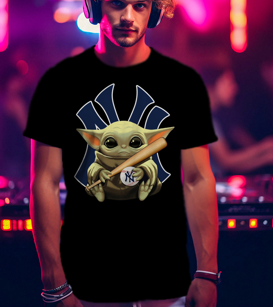 Baby Yoda Holding Baseball And Bat With New York Yankees T-Shirt