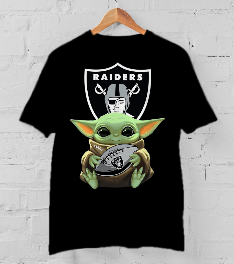 Raiders Baby Yoda Hugs Football With Shield T-Shirt