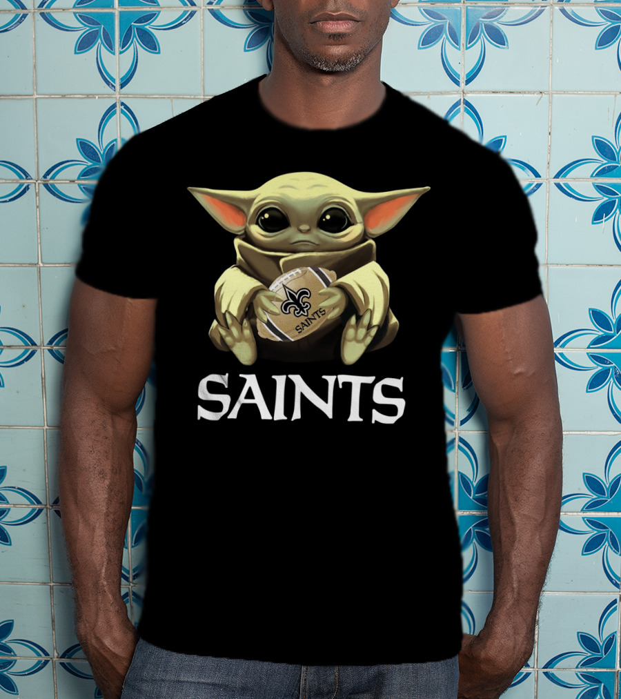 Baby Yoda Holding New Orleans Saints Football T-Shirt