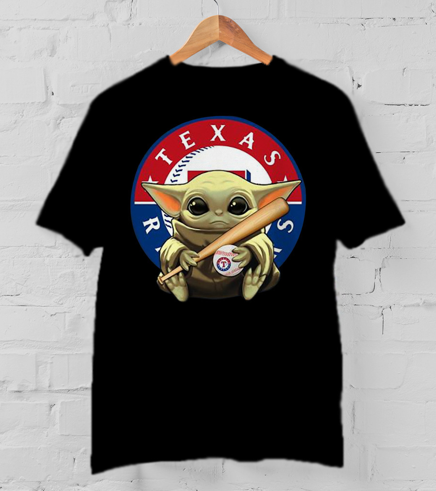 Baby Yoda Texas Rangers Baseball Fan With Bat And Ball T-Shirt