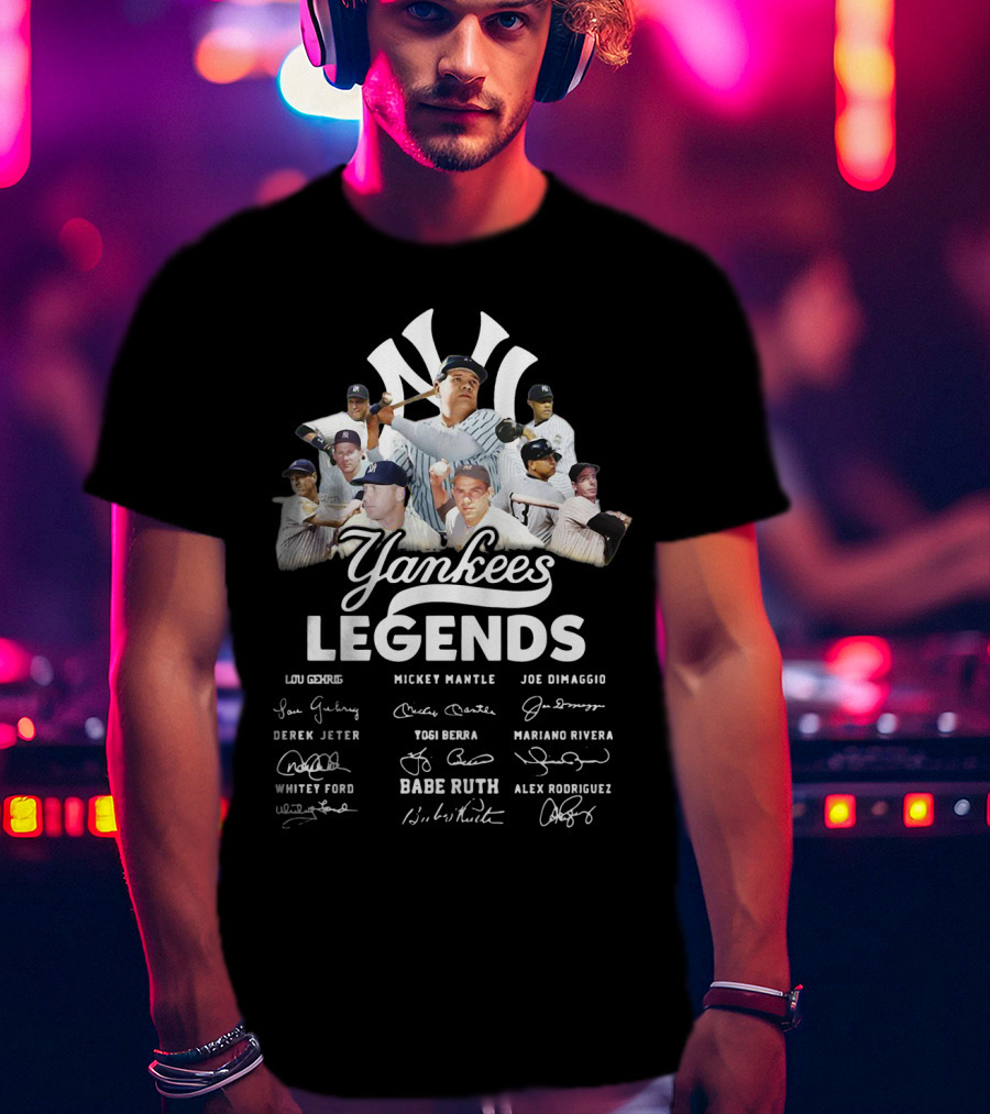 Yankees Legends Lou Gehrig Mickey Mantle Joe Dimaggio Derek Jeter Yogi Berra Mariano Rivera Babe Ruth Alex Rodriguez Whitey Ford T-Shirt