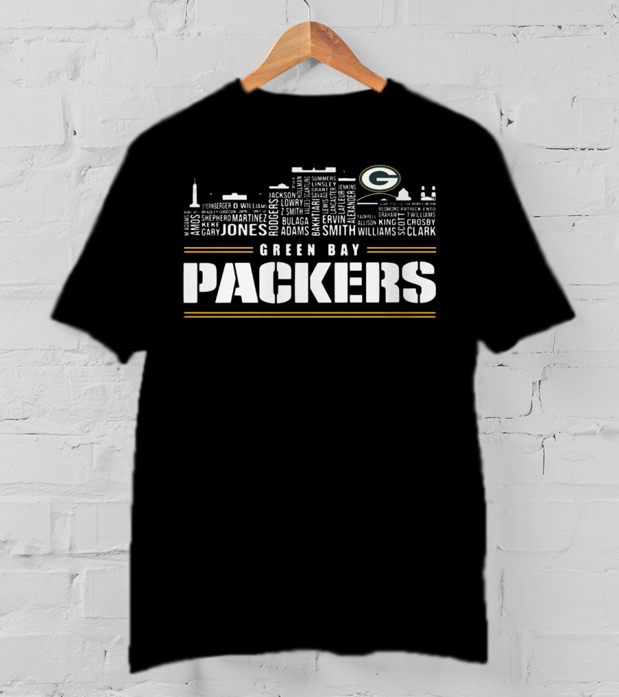 Green Bay Packers City Skyline Logo Jones Adams Clark T-Shirt