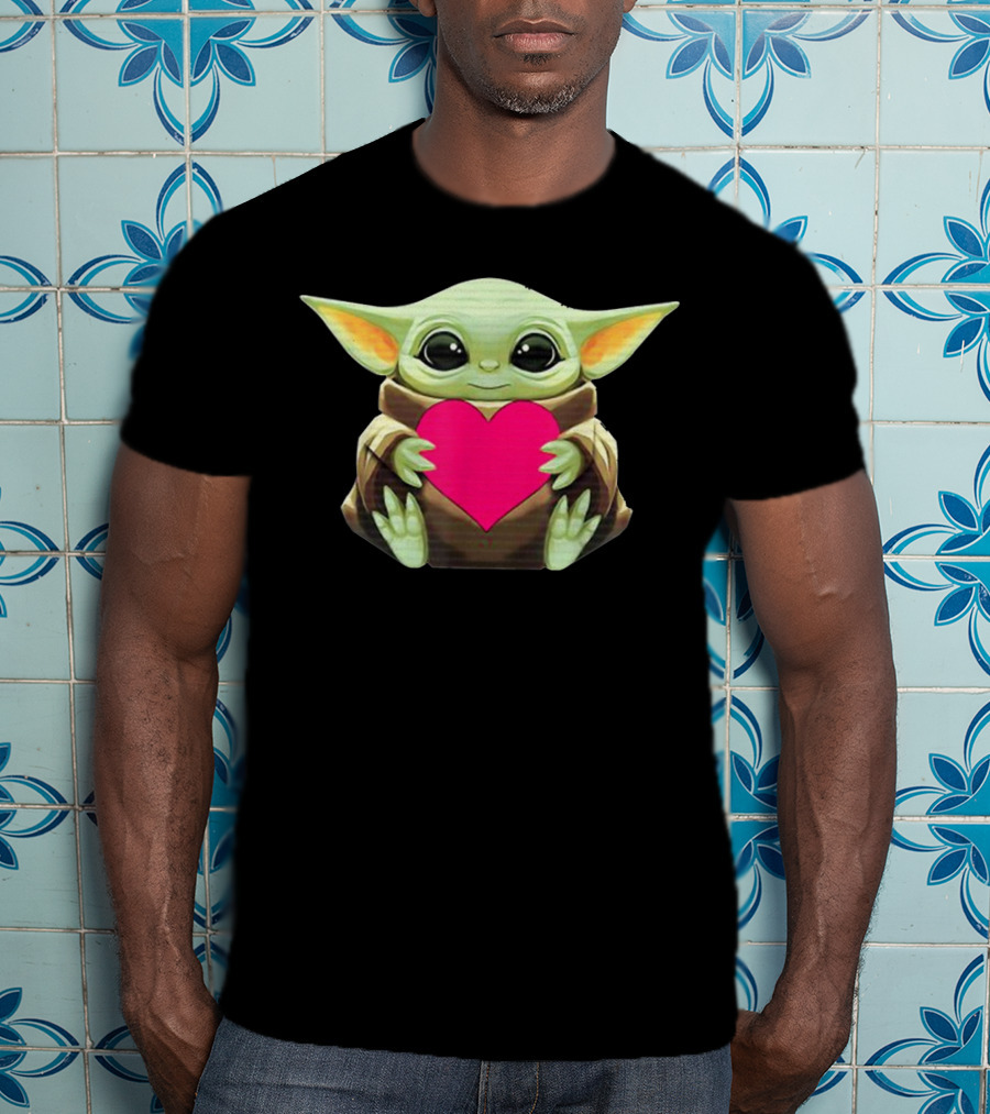 Valentine's Day Baby Y.O.D.A Heart With Cute Green Character Holding Pink Heart T-Shirt