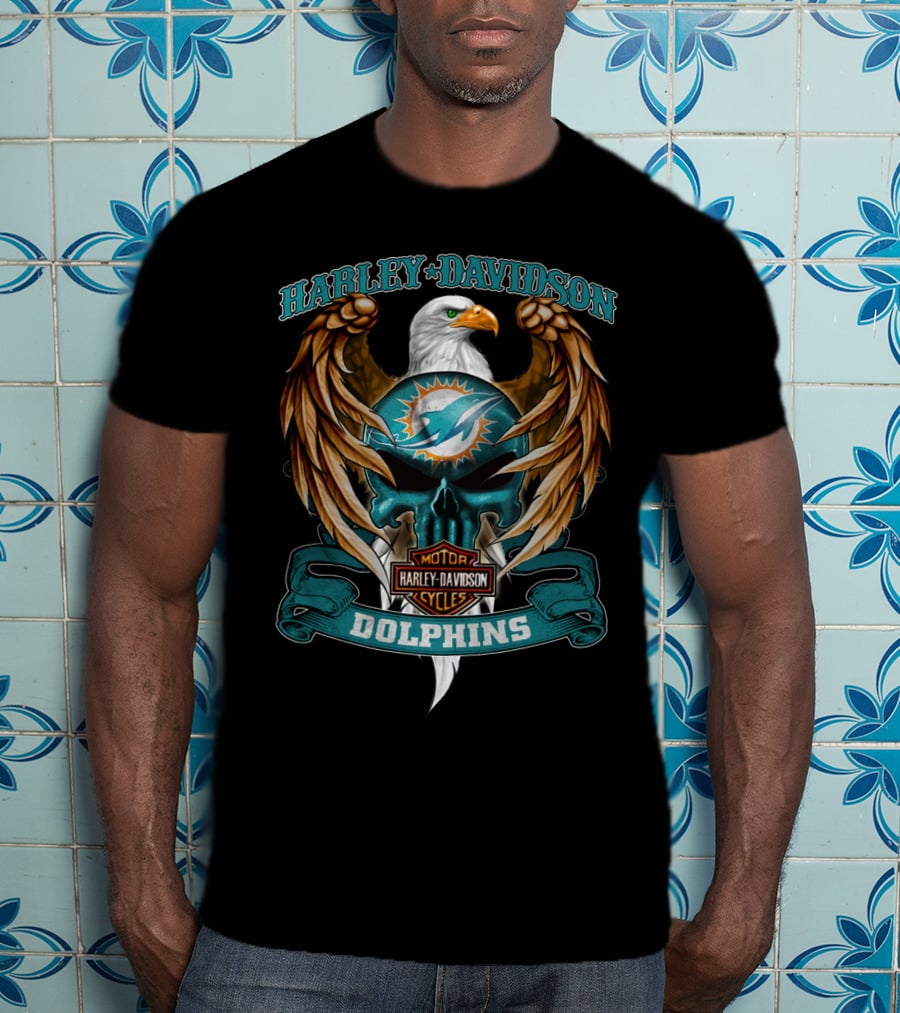 Harley Davidson Motor Cycles Miami Dolphins Eagle T-Shirt