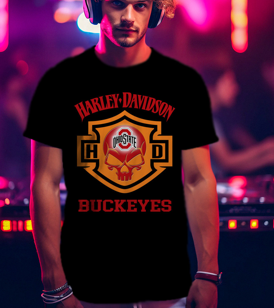 Ohio State Buckeyes Harley Davidson Fans Hd Skull T-Shirt