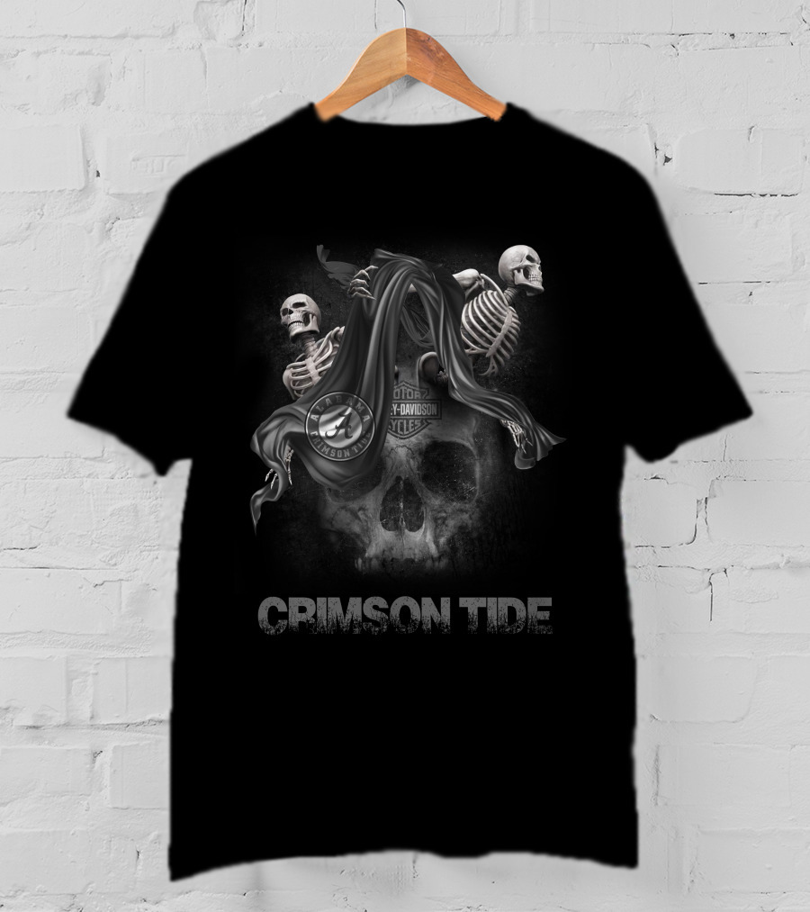 Crimson Tide Skeletons With Harley Davidson Motif For Ncaa Football Fans T-Shirt