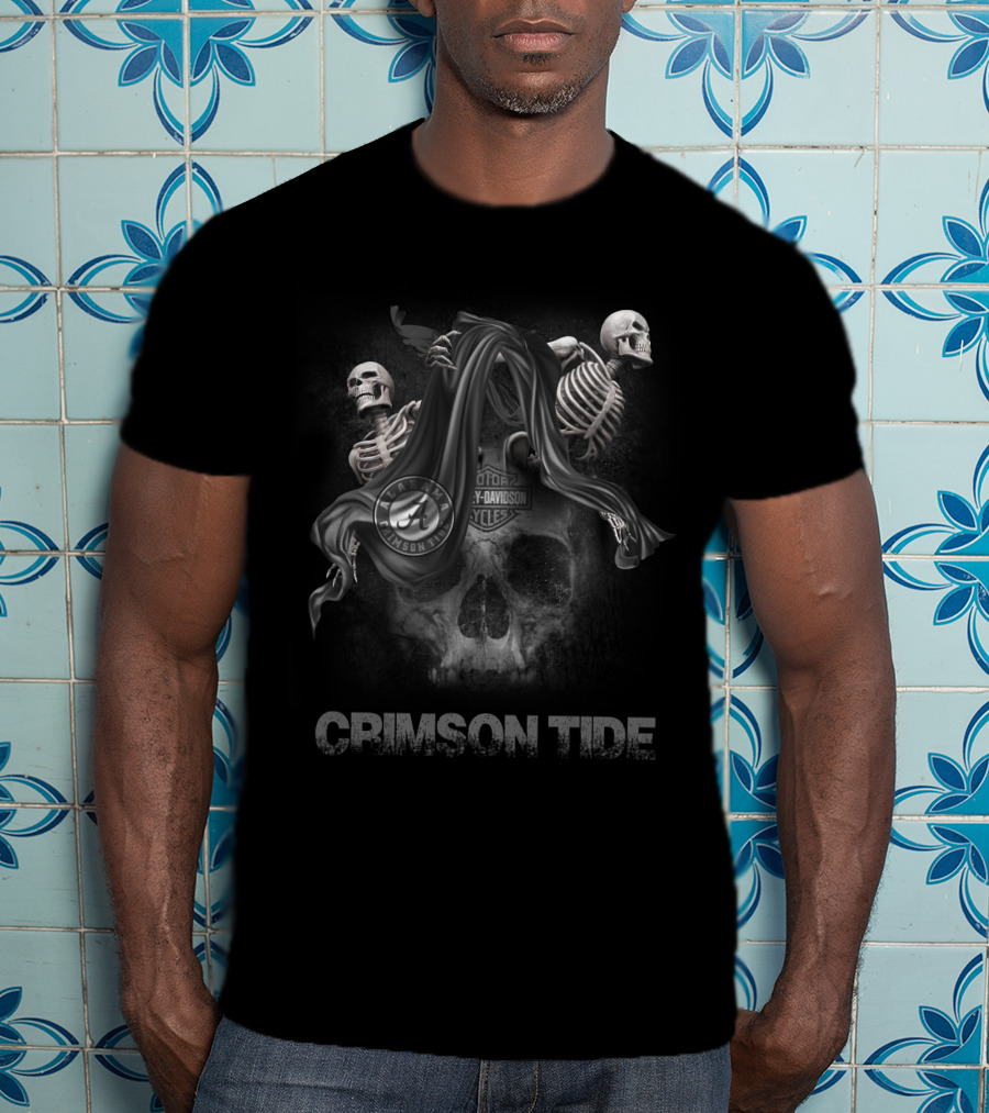 Crimson Tide Skeletons With Harley Davidson Motif For Ncaa Football Fans T-Shirt