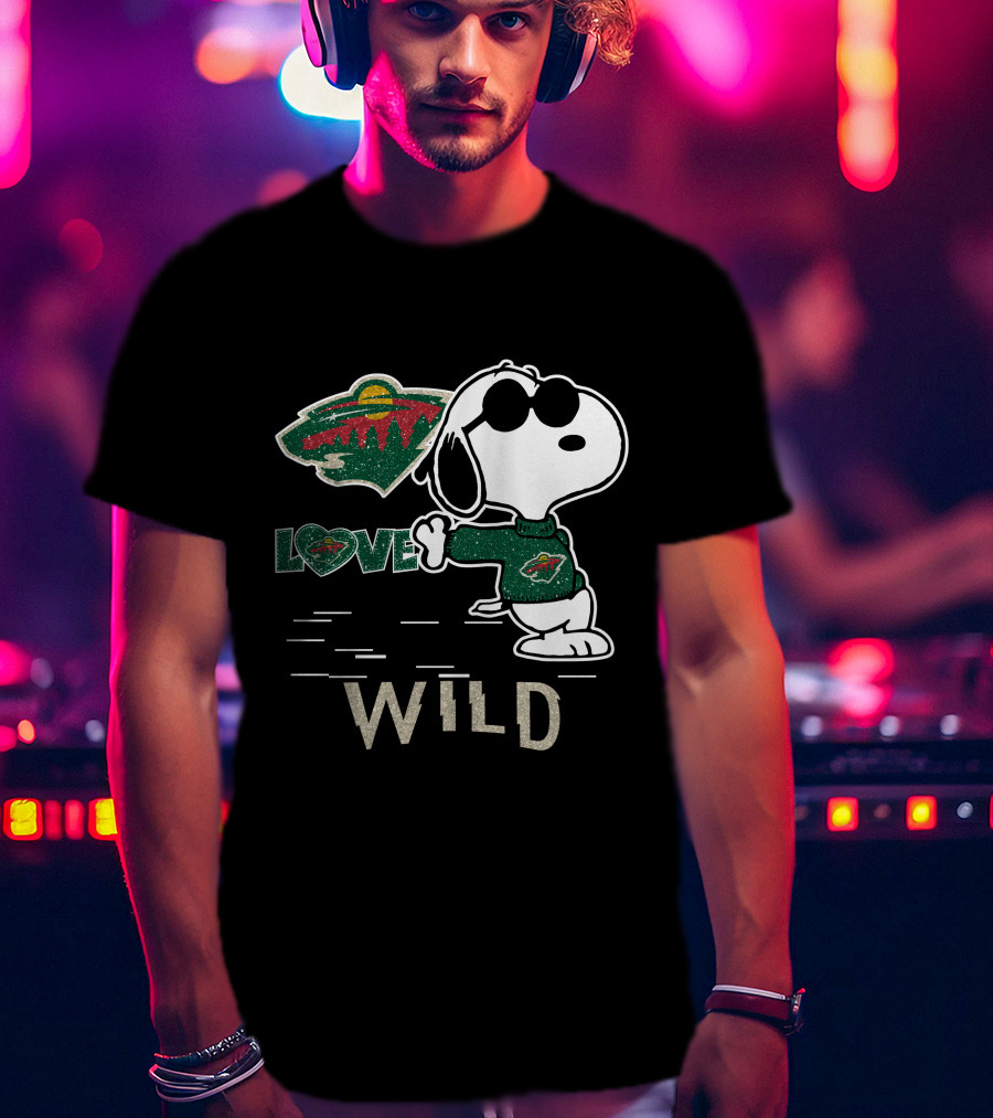 Snoopy Wearing Minnesota Wild Hockey Jersey With Love Wild Logo Elements T-Shirt