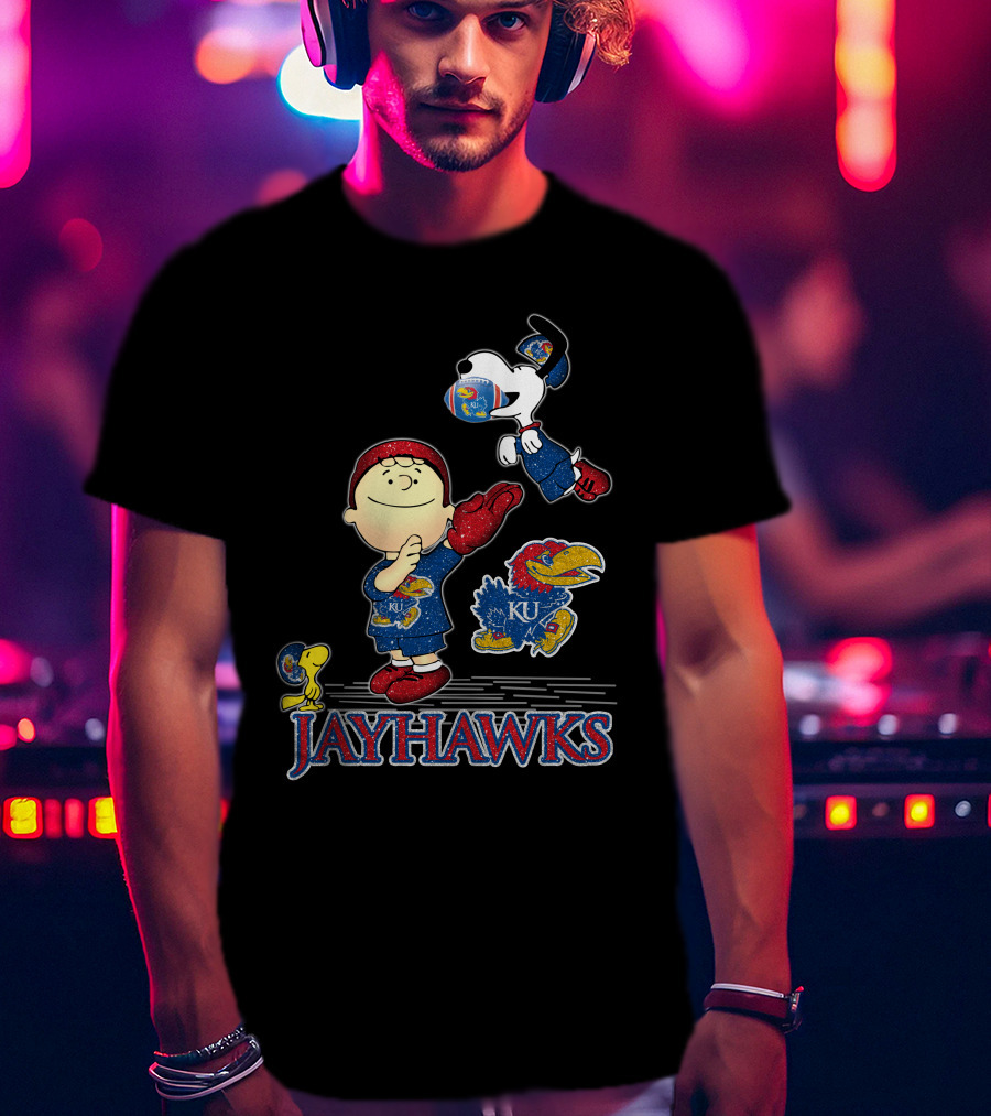 Snoopy Charlie Brown Woodstock Kansas Jayhawks KU Football T-Shirt