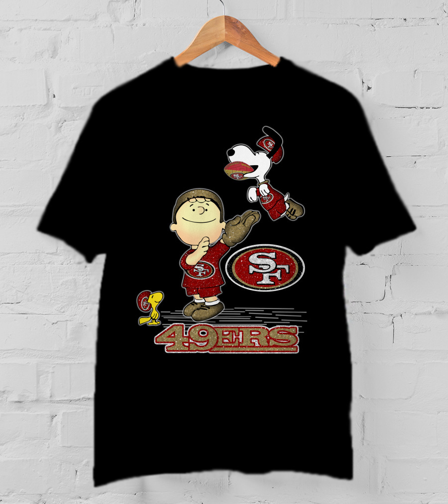 Snoopy And Woodstock With San Francisco 49ers Sf Logo In Red And Gold T-Shirt