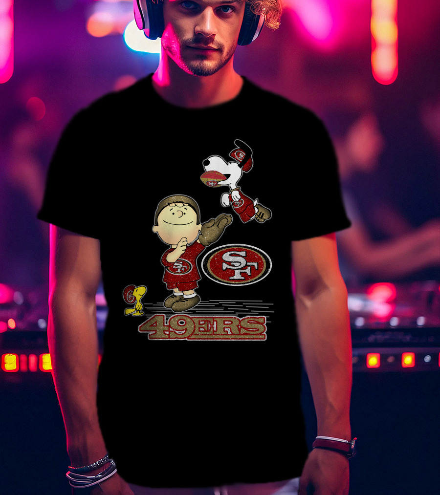 Snoopy And Woodstock With San Francisco 49ers Sf Logo In Red And Gold T-Shirt