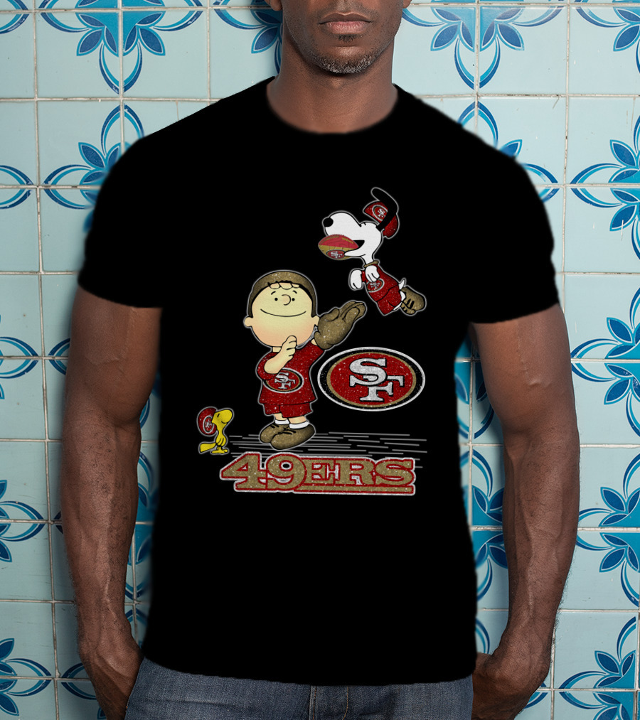 Snoopy And Woodstock With San Francisco 49ers Sf Logo In Red And Gold T-Shirt