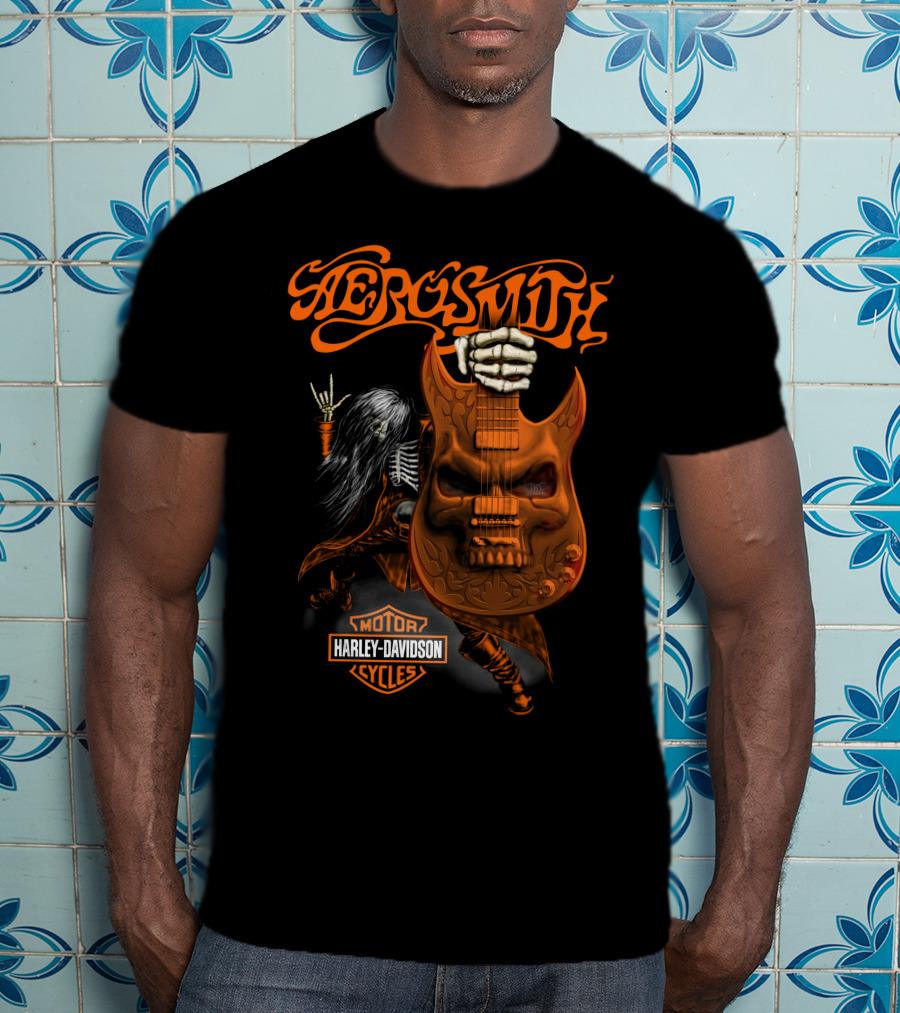 Aerosmith Harley Davidson Motor Cycles Rock Guitar Skull T-Shirt