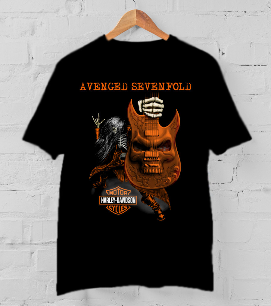 Avenged Sevenfold Harley Davidson Skeleton Guitar Imagery With Hand Sign T-Shirt