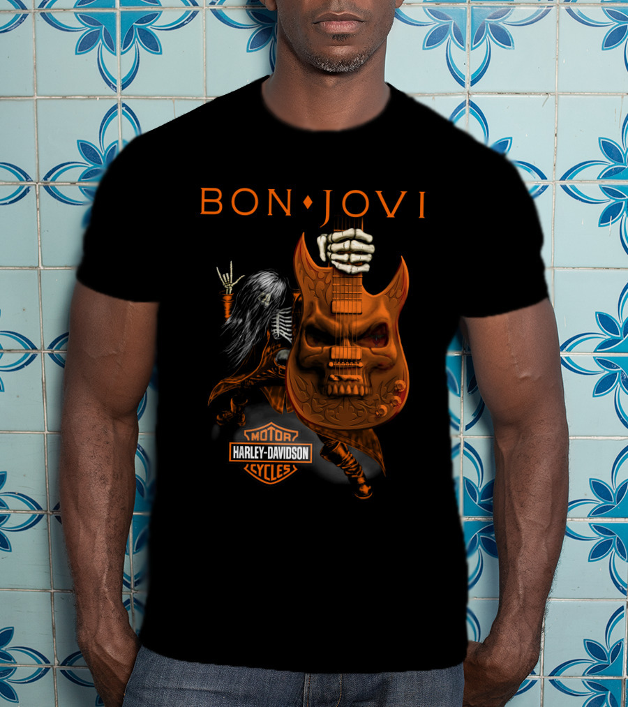 Bon Jovi Harley Davidson Cycles Skeleton Guitar Rockstar T-Shirt