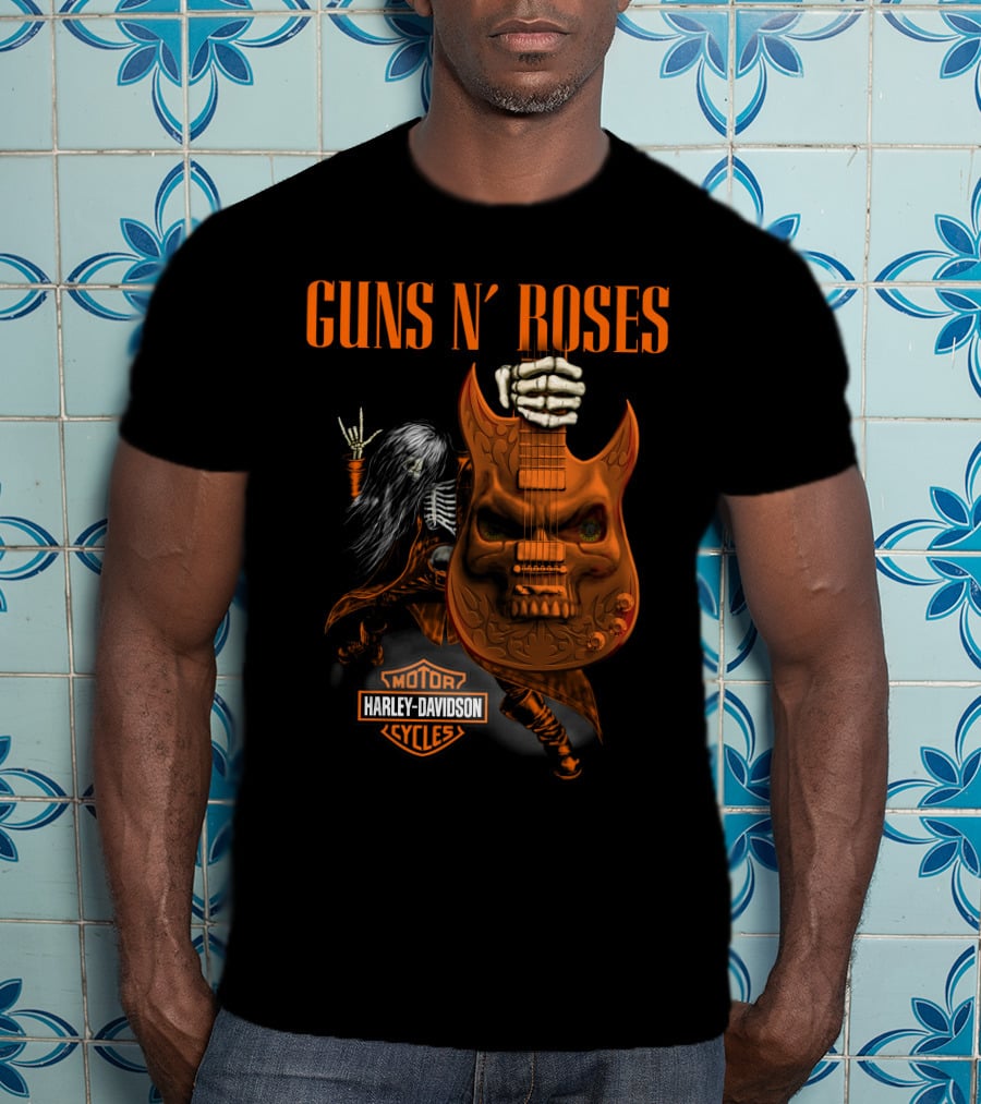 Guns N' Roses Harley Davidson Motor Cycles Skeleton Guitar Rocker T-Shirt