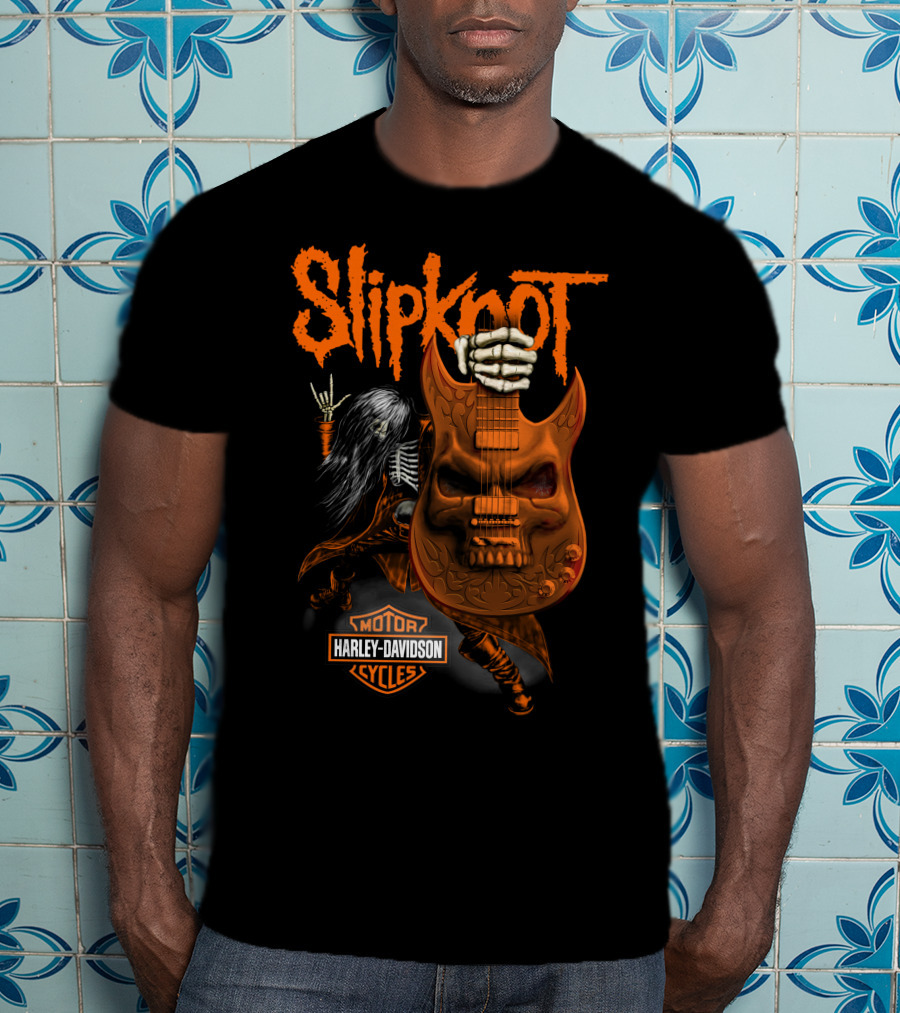 Slipknot Harley Davidson Motor Cycles Skull Guitar Skeleton Rock T-Shirt