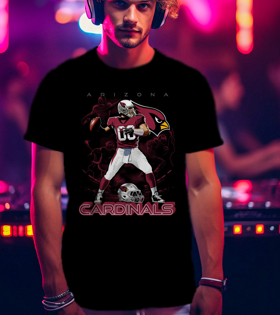 Arizona Cardinals Football Player Graphic With Team Logo And Helmet T-Shirt