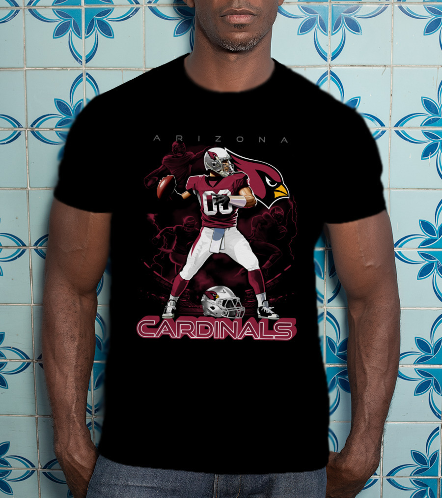 Arizona Cardinals Football Player Graphic With Team Logo And Helmet T-Shirt