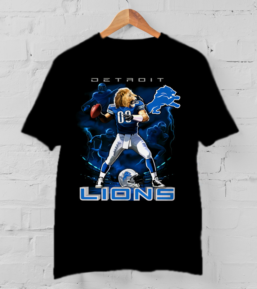 Detroit Lions Lion-Headed Quarterback Action Fantasy Scene T-Shirt