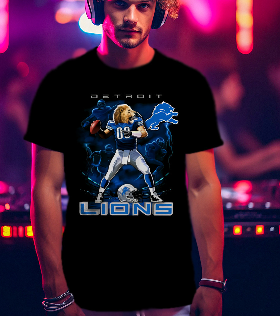 Detroit Lions Lion-Headed Quarterback Action Fantasy Scene T-Shirt