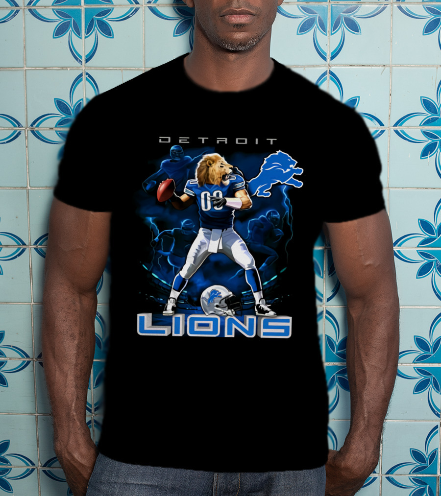 Detroit Lions Lion-Headed Quarterback Action Fantasy Scene T-Shirt